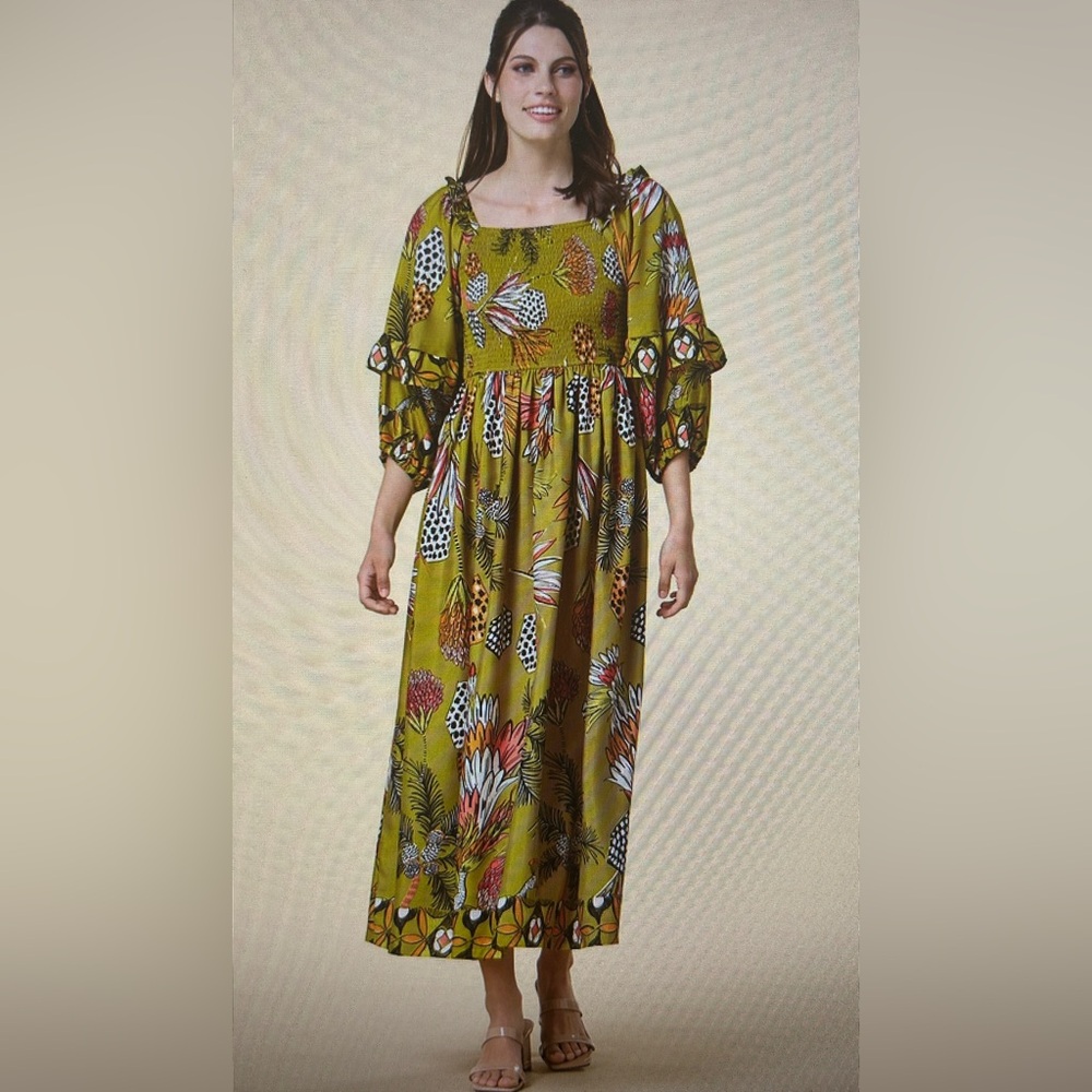 Ruffled Tropical Print Maxi Dress